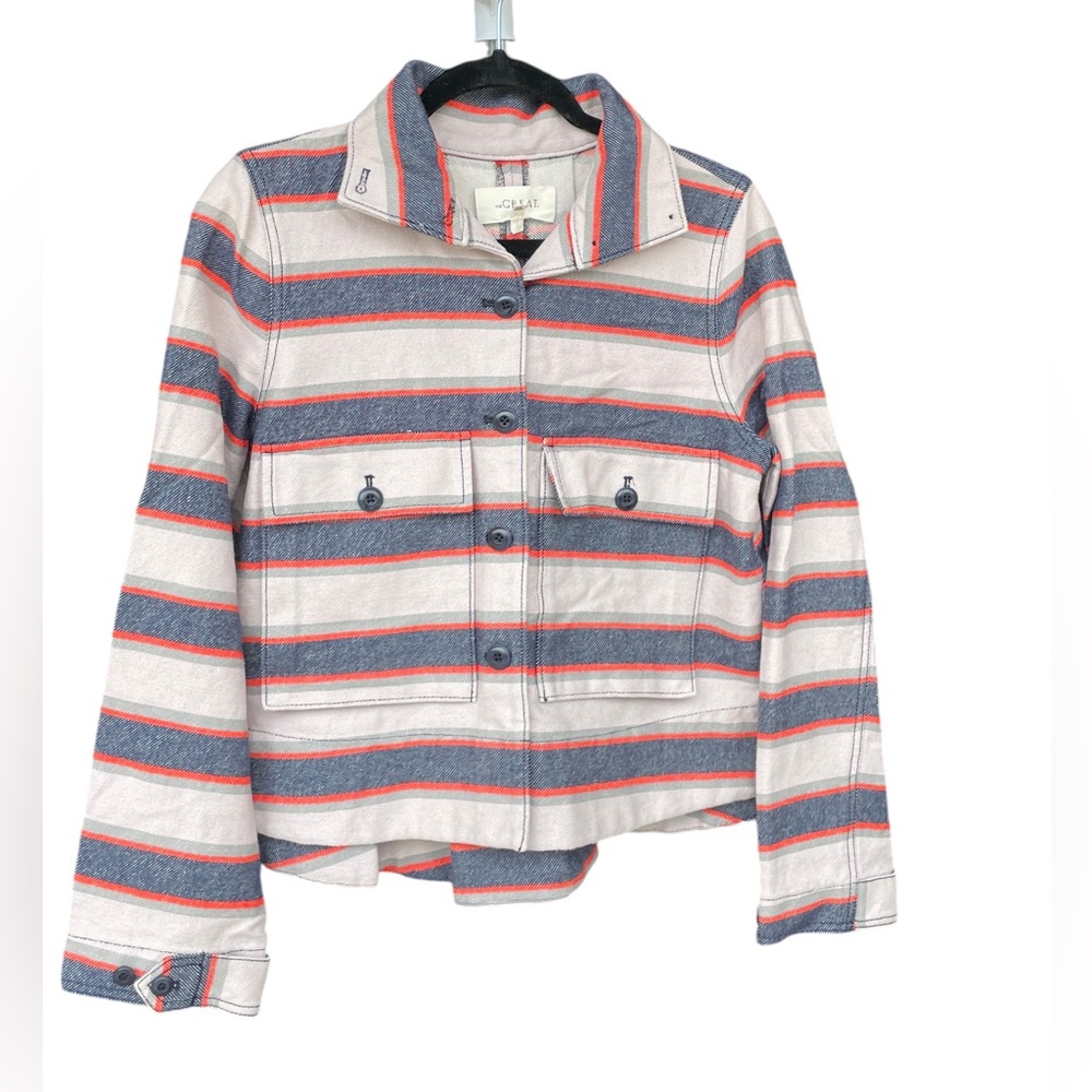 The‎ GREAT. Swing Army Cropped Utility Jacket Striped Twill Shacket Size Small